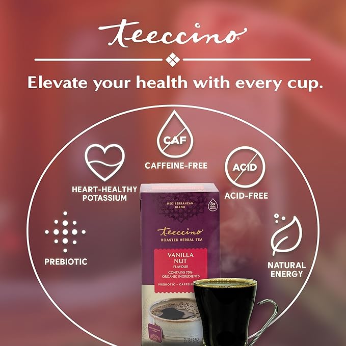 Teeccino Vanilla Nut Herbal Tea - Rich & Roasted Herbal Tea That’s Caffeine Free & Prebiotic for Natural Energy, 25 Tea Bags (Pack of 3)