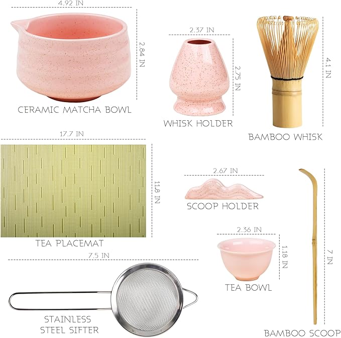 Matcha Whisk Set, 8-Piece Pink Matcha Set with Ceramic Bowl, Bamboo Whisk, Sifter, Large Mat and More – Complete Matcha Kit with Gift Box for Matcha Lovers