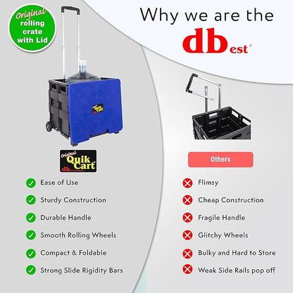 dbest products Quik Cart Collapsible Rolling Crate on Wheels for Teachers Tote Basket, 80 lbs Capacity, Blue Lid Made from Heavy Duty Plastic and used as a Seat