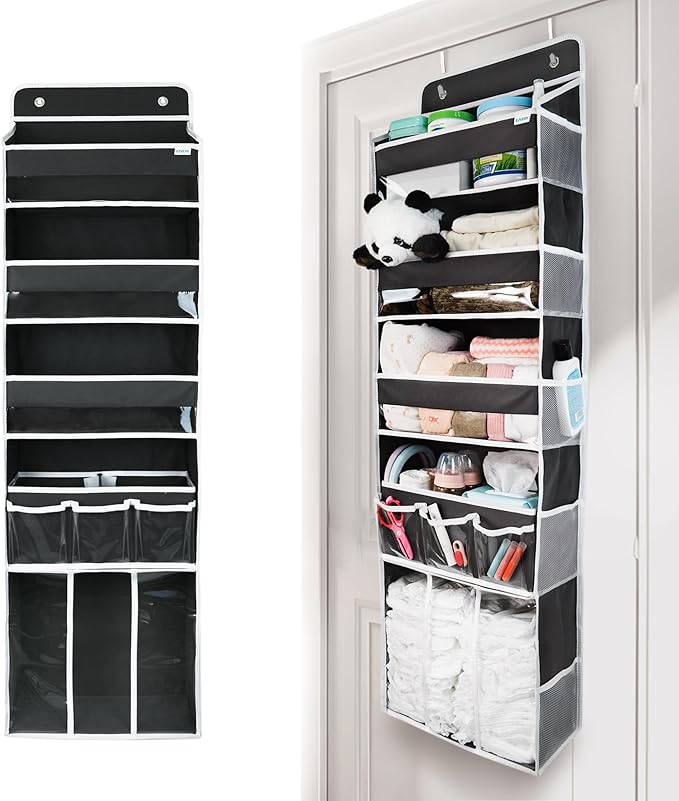 Door Hanging Storage Organizer,with 3 Bins 1 Movable Baby Diaper Caddy,1 Large capacity diaper stacking storage Organizer,10 Side Pockets ,Bedroom Door Storage for Nursery Baby Essentials. (Dark grey)
