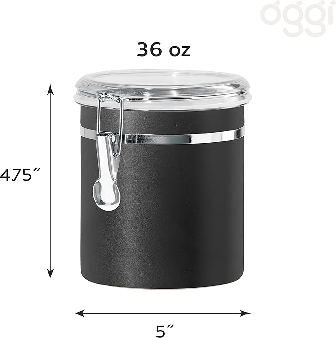 Oggi Stainless Steel Kitchen Canister 36 fl oz, Black - Airtight Clamp Lid, Clear See-Thru Top - Ideal for Kitchen Storage, Food Storage, Pantry Storage. Size 5" x 4.75".
