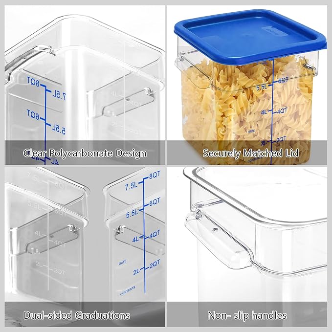 4 Pack Food Storage Containers with Blue Lids, 6.0 Qt - Square, Clear, Polycarbonate