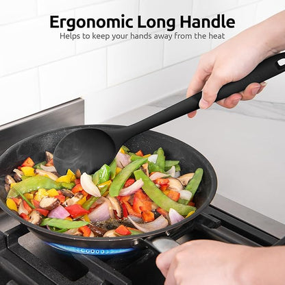 600ºF Heat Resistant Silicone Spoon: U-Taste 13.3in Solid Kitchen Cooking Spoon, Nonstick Food Grade Large & Long Soup Rubber Utensil for Mixing, Serving, Stirring, Basting, for Pot Cookware (Black)