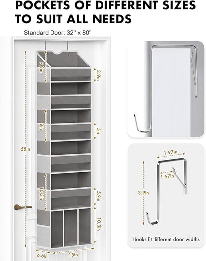 Over The Door Organizer Hanging - 6 Shelf Over Door Organizers with 6 Clear Front & 12 Side Pockets - Swing-proof 50LB Load Behind Door Storage for Closet Bedroom Bathroom Nursery Baby Essentials