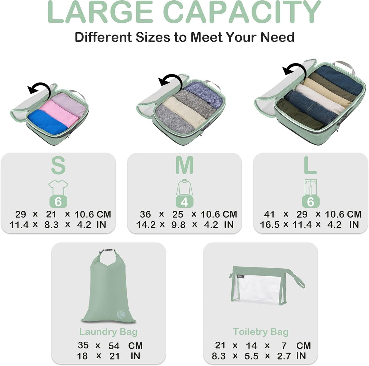Cipway Compression Packing Cubes, See Through Mesh Luggage Organizer Bags, Travel Essentials for Carry on Suitcase with Laundry Bag and Clear Toiletries Bag（6 Pcs,Sage Green）