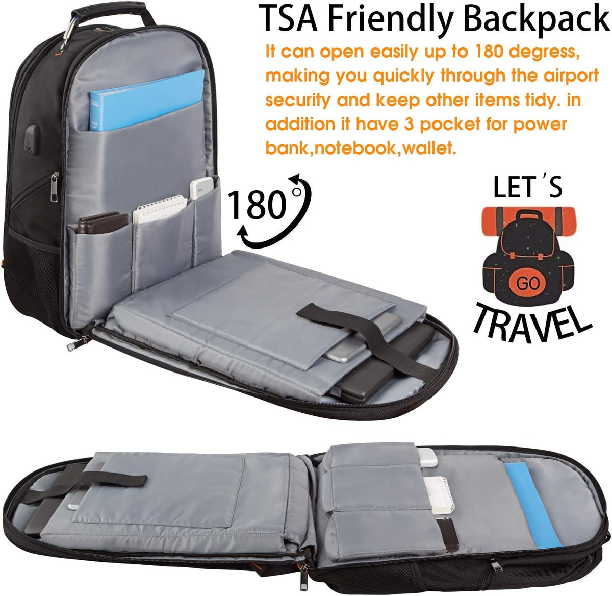Travel Backpacks for Men Women,Extra Large College School Laptop Bookbags with USB Charging Port,RFID TSA Friendly Water Resistant Business Computer Bag with Luggage Sleeve Fit 17.3''Laptop 45L,Orange