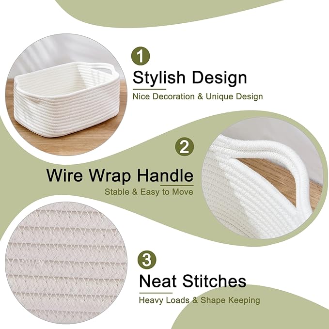OIAHOMY Cotton Rope Storage Baskets | Decorative Storage Basket for Closet Storage, Home Organizing Bins and Nursery Decor | Cotton Rope Woven Baskets for Storage Shelf, Pure and White
