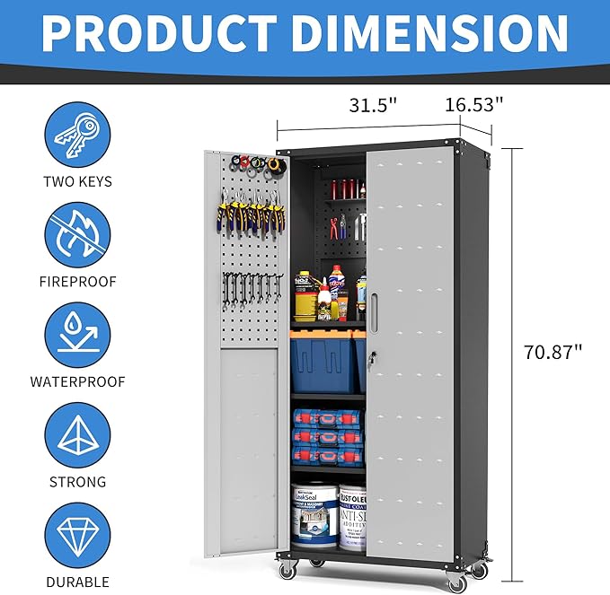 Garage Metal Storage Cabinet with Pegboard, 71'' Tall Storage Cabinet with Adjustable Shelves and Doors, Rolling Tool Cabinet on Wheels for Garage, Utility Room (Black & Grey)