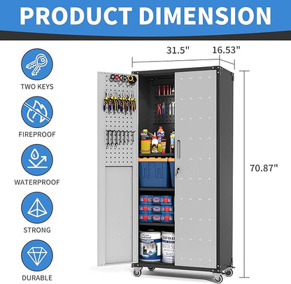 Garage Metal Storage Cabinet with Pegboard, 71'' Tall Storage Cabinet with Adjustable Shelves and Doors, Rolling Tool Cabinet on Wheels for Garage, Utility Room (Black & Grey)