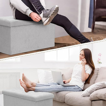 Athena Collection 30" Storage Ottoman Bench Folding Bench with 90L Hidden Storage, Large End of Bed Bench Linen Foot Rest Stool Chest with Flipping Lid for Living Room, Bedroom, Entryway, Light Gray