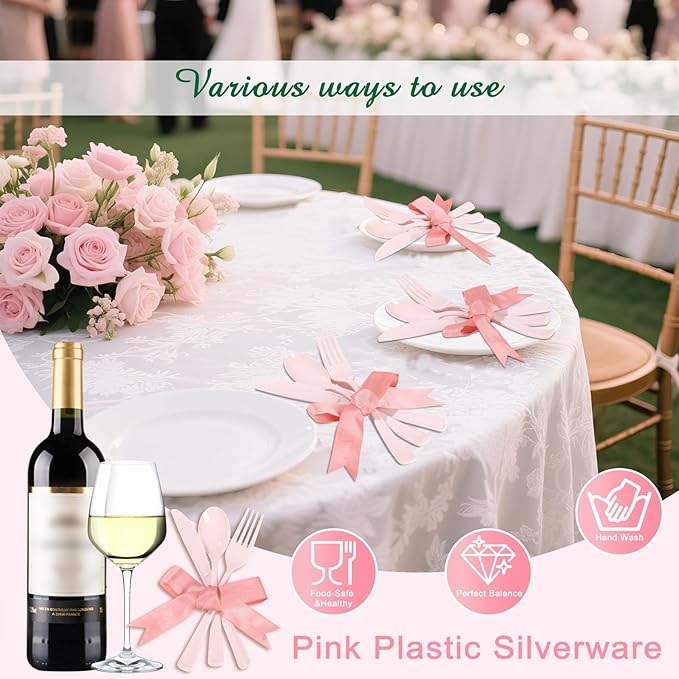 Supernal 300 Pieces Pink Plastic Silverware Heavy Duty Disposable Silverware Pink Utensils Disposable Cutlery Set 100 Forks 100 Knives 100 Spoons for Wedding Party Supplies Everyday Use