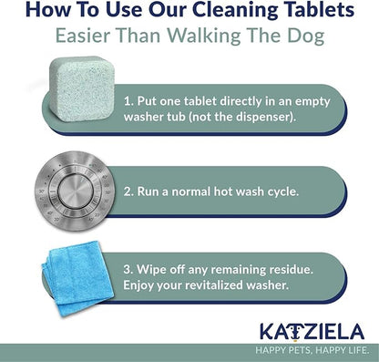 Katziela Washing Machine Cleaner Tablets – 24 Pack (12-Month Supply) – Formulated for Pet Owners – Helps Loosen Pet Hair & Eliminate Odors – Fragrance-Free, Enzyme-Based – Septic Safe & HE Compatible