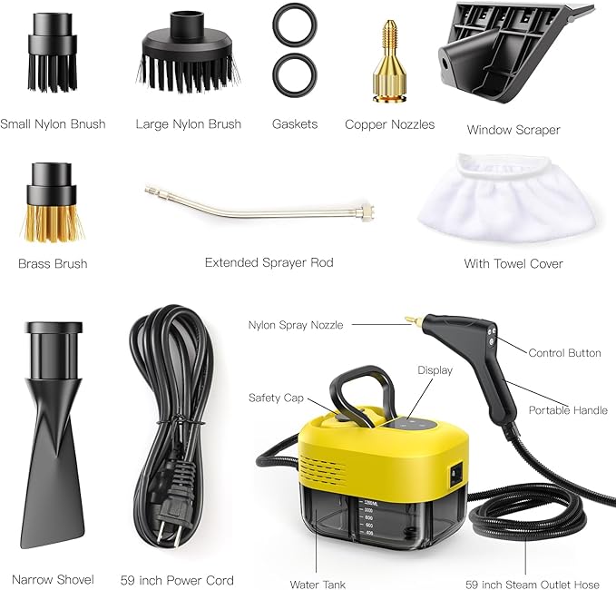 Steam Cleaner for Home＆Kitchen, 212°F High Temperature, 1200ML Tank, Portable Handheld Steam Cleaner for Car Carpet Detailing Window Floor Couch Grease Tile, Pressurized Steamer for Cleaning
