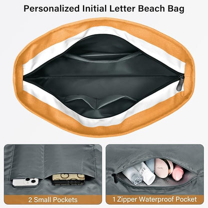 Becokan Beach Bag Initial Beach Tote with Makeup Bag for Travel Work Storage Personalized Birthday Gifts for Women Her