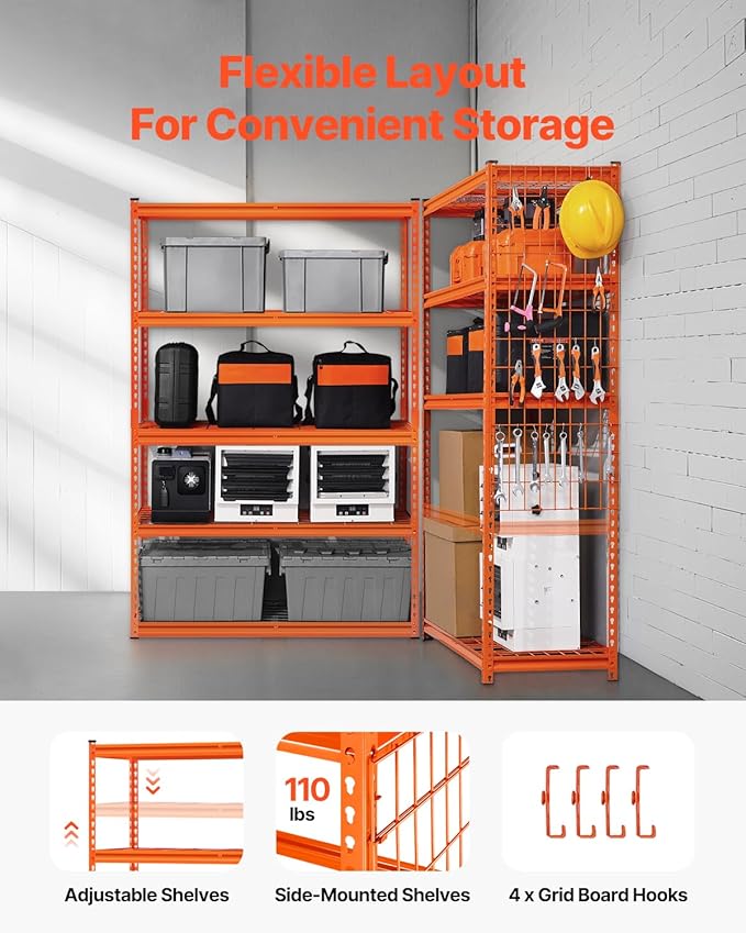 VEVOR Storage Shelves, 2500 lbs, 5 Tier Heavy Duty Garage Shelving, 18" D x 48" W x 72" H Adjustable Metal Shelves for Industrial Shelving Unit Utility Shelf, for Kitchen, Warehouse, Basement, Orange
