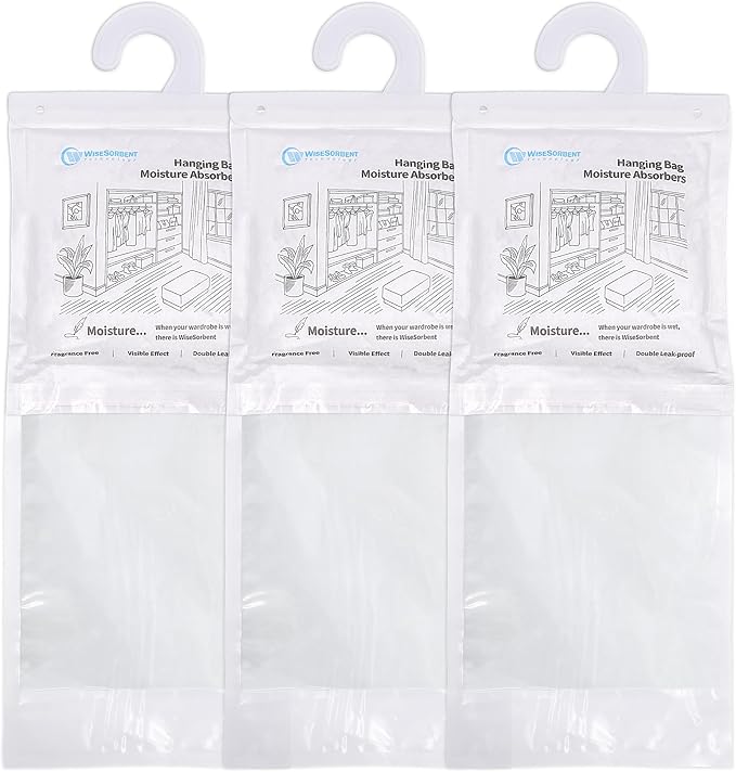 500 Gram Moisture Absorber Hanging Bags 3 Pack - 17.6 oz Fragrance-Free Large Dehumidifier for Closet, Bathroom, Bedroom – Double Leak-Proof Design & Dual-Sided Absorption
