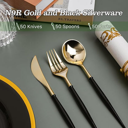 N9R 150Pcs Gold Plastic Silverware - Gold Disposable Cutlery Set with Black Handles with 50 Forks, 50 Spoons and 50 Knives - Perfect for Parties,Halloween, Birthdays, Wedding and Everyday Use