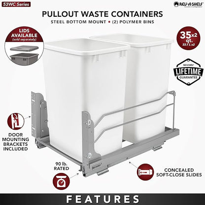 Rev-A-Shelf Double Pullout Trash Cans for Under Kitchen Cabinets 35 Quart 8.75 Gallon with Soft-Close Slides, Metallic Silver, 53WC-1835SCDM-217