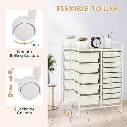 GOFLAME 15-Drawer Rolling Storage Cart, Multipurpose Movable Organizer Cart, Utility Cart for Home, Office, School, White