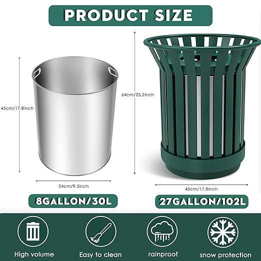 8Gallon Round Large Outdoor Trash Can, Heavy Duty Metal Slatted Garbage Can Outdoor, All Weather Resistant Commercial Garbage Cans, Waste Receptacle in Park, School, Beach, Patio (Green, Medium)
