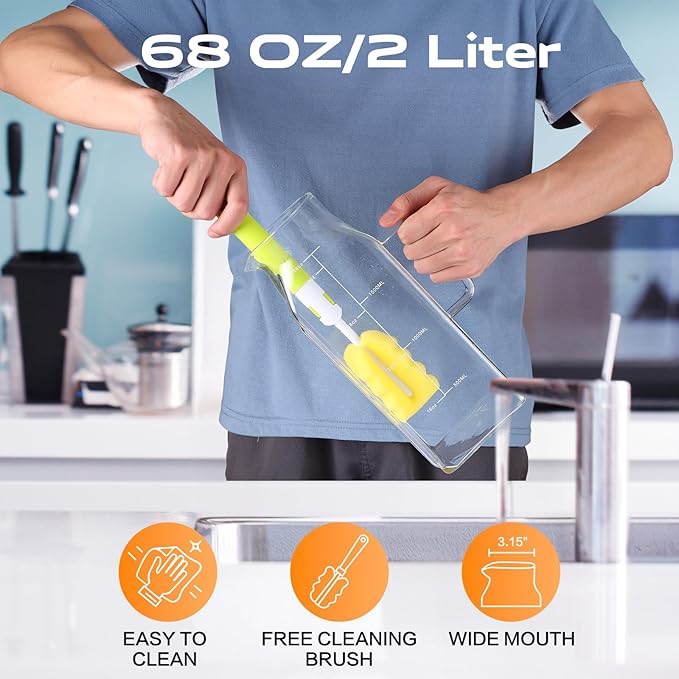 2 Liters/68oz 2 Pack Square Glass Pitcher with Lid and Handle for Fridge Door, Aofmee Borosilicate Glass Heat Resistant Dishwasher Safe Iced Tea Jar, Carafe with Scale Line for Hot/Cold Beverage