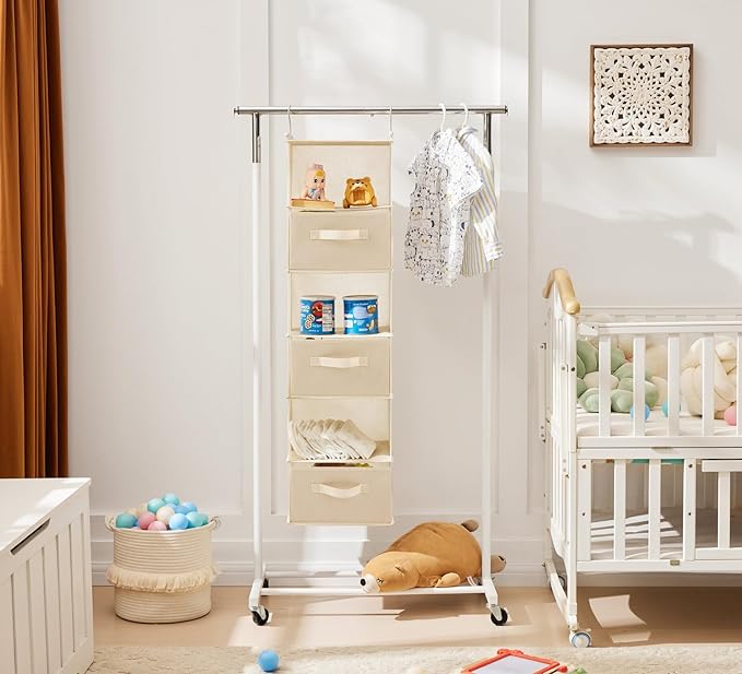 MAX Houser 6 Tier Shelf Hanging Closet Organizer, Closet Hanging Shelf with 2 Sturdy Hooks for Storage, Foldable (Beige-D3)