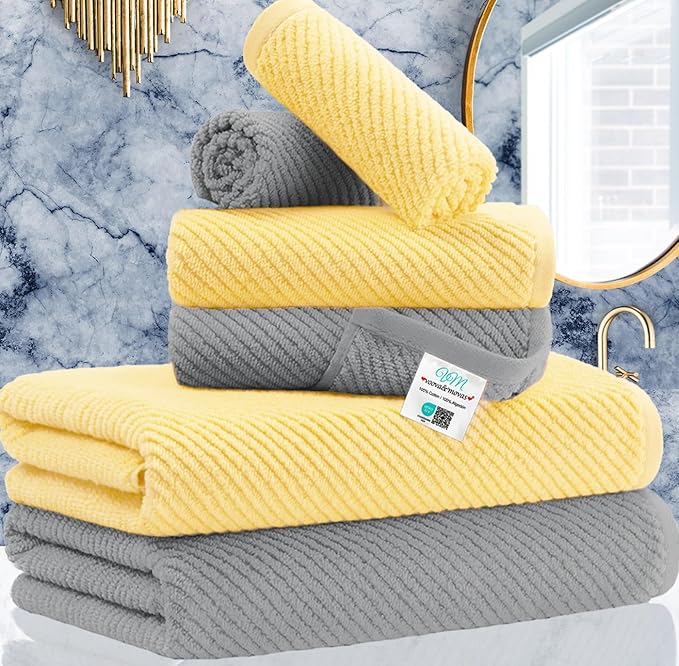 VOOVA & MOVAS Towels for Bathroom, Bath Towels with Hanging Loop - 100% Cotton | Soft | Quick Dry | Thick, Towel Set of 6, 2 Large Bath 30"x56", 2 Hand 18"x28", 2 Washcloths 13"x13", Grey and Yellow