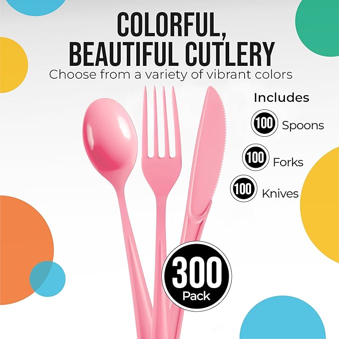 Party Solids Pink Plastic Silverware Heavy Duty 300 Pieces Pink Plastic Cutlery Sets, Utensil Sets, 100 Of Each Forks, Knives & Spoons Disposable Cutlery Set, Flatware Set For Party Supplies