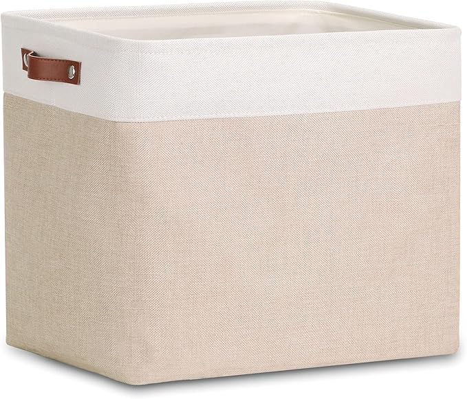 DULLEMELO Large Collapsible Storage Basket/Bin with Sturdy Leather Handles, Fabric Organizer Bin for Storage Clothes, Toys, Books, Office, Bedroom, Closet, Nursery & Laundry (White&Khaki)