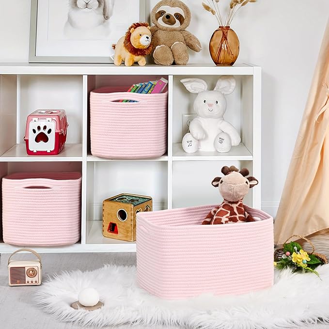 3-Pack Shelf Baskets for Organizing, Woven Storage Basket for Shelves, Cotton Rope Storage Bins for Toys Books, Nursery Towel Baskets for Classroom, 14.96"X9.8"X8.85", Pink