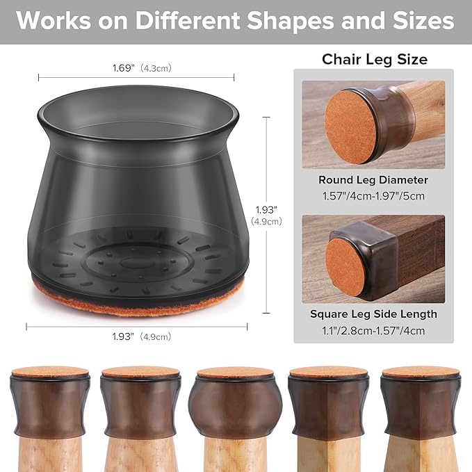 24PCS Upgraded Silicone Chair Leg Floor Protectors for Hardwood Floors, Furniture Sliders for Chair Legs, Felt Bottom Furniture Pads, Anti-Slip Round&Square Cap Covers to Scratch and Reduce Noise