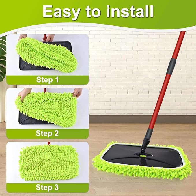 Mops for Floor Cleaning, Dust Mop for Hardwood Floors, Extra Large Floor Mop with Extendable Handle and 3 Reusable Chenille Mop Pads, Flat Dust Mops for Hardwood, Marble, Vinyl, Tile Floors Cleaning