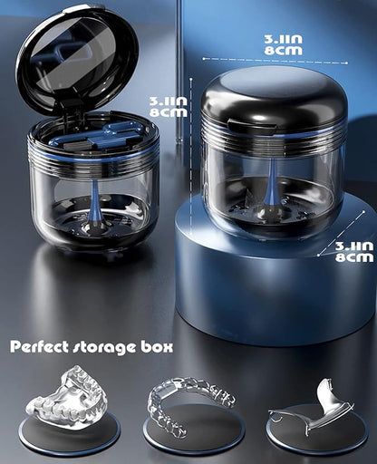 MURRI&MURRDI Retainer Case, Denture Bath Box with Strainer Basket, Mouth Guard Case, Braces Cleaner Cup, Cute Denture Holder Nightguard Storage Soak Container for Travel (Black)