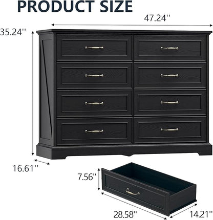 8 Drawer Dresser for Bedroom, 47" Wide Wooden Chest of Drawers, Rustic Farmhouse Dresser with Large Drawers & Metal Handles, Modern Storage Organizer for Closet, Living Room, Hallway, Black