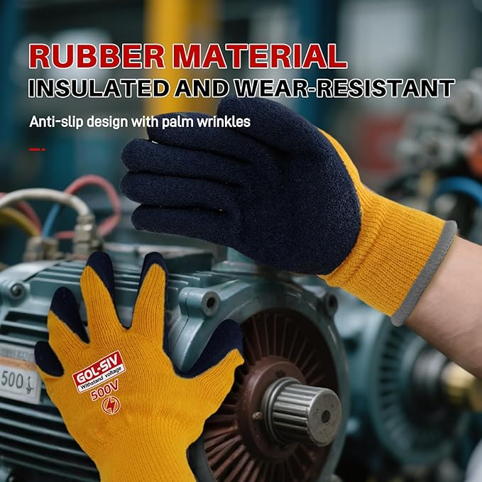 Electrical Insulated Gloves, 500V High Voltage Resistance Electrician Safety Gloves, Rubber Non Slip Work Gloves (500V|Poly-Cotton insulated, Large)