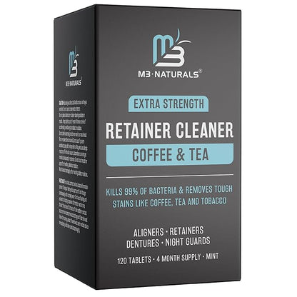 Coffee and Tea Retainer Cleaner Tablets, Removes Odors, Stains, and Plaque, 4-Month Supply, Denture Cleanser for Caffeine Enthusiasts, 120 Tablets by M3 Naturals