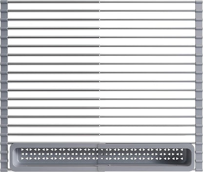 JASIWAY Over The Sink Dish Drying Rack for Kitchen, Expandable (12.8"-23.8" D x 15.5" W) Roll Up Dish Drainer with The Function of Fordable, Rust Proof, Large Sink Cover with Removable Utensil Holder