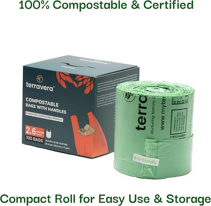 2.6 Gallon Compostable Food Scrap Bags - Handle Tie (100 Count) | BPI & OK Home Certified | Counter Top Bin, Kitchen Trash, Home & Yard Waste Bags