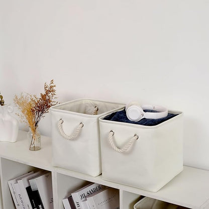 11 x 11 Inch Storage Cubes, 6 Pack Large Collapsible Fabric Storage Bin with Ropes, Foldable Storage Cubes for Home, Office,Closet, Clothes, Toys Organizer (White)