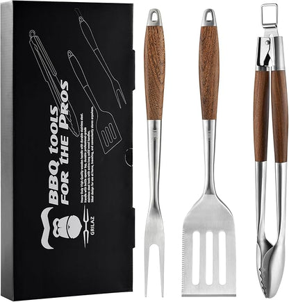 Heavy-Duty Dikela Wooden BBQ Grilling Tools Set. Extra Thick Stainless Steel Multi-Function Spatula, Fork & Tongs | Essential Accessories for Barbecue & Grill. Ideal Gift for Father