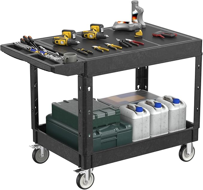 Heavy Duty Flat Top Utility Cart with Wheels 2-Tier Utility Plastic Service Work Cart for Shop, Garage, Warehouse, Maintenance 550 lbs