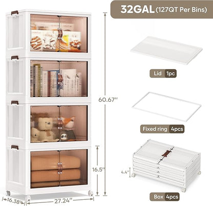 Jalove 120Gal Large Storage Bins with lids, 480QT Plastic Stackable Storage Containers with Wheels, Collapsible Closet Organizer and Storage Drawers,Clothes Organization for Cabinet Home, 4Pack White