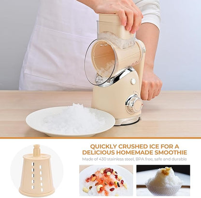 SUSTEAS Rotary Cheese Grater with Handle, Vegetable Slicer, 6 Interchangeable Blades, Reinforced Suction, Easy to Clean, Kitchen Shredder for Crushed Ice, Fruits, Nuts with Blade Storage Case, Beige