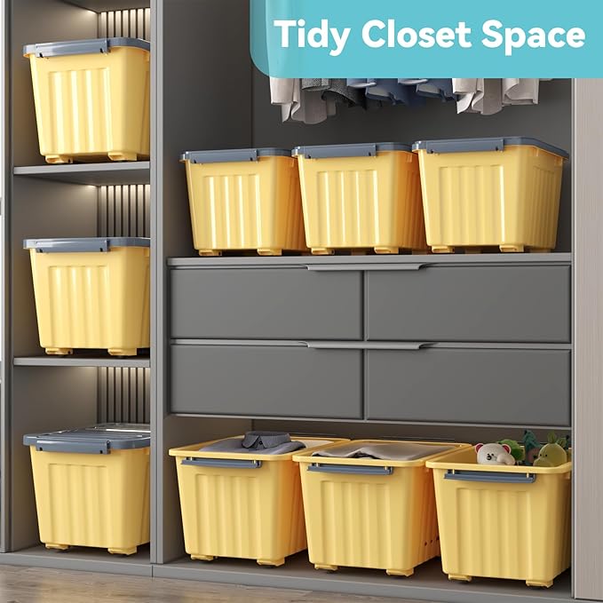 Nazhura Plastic Storage Bin, Stackable and Nestable Storage Boxes with White Lids and Secure Latching Buckles, Large Storage Container (Yellow/Purple, 72Quart-4Pack)