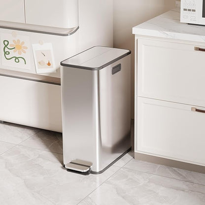2 x 7.4 Gal (2 x 28L) Slim Trash Can, Stainless Steel Dual Compartment Step-On Recycling Bin with Butterfly Lids & Removable Plastic Inner Buckets for Kitchen, Home, Office