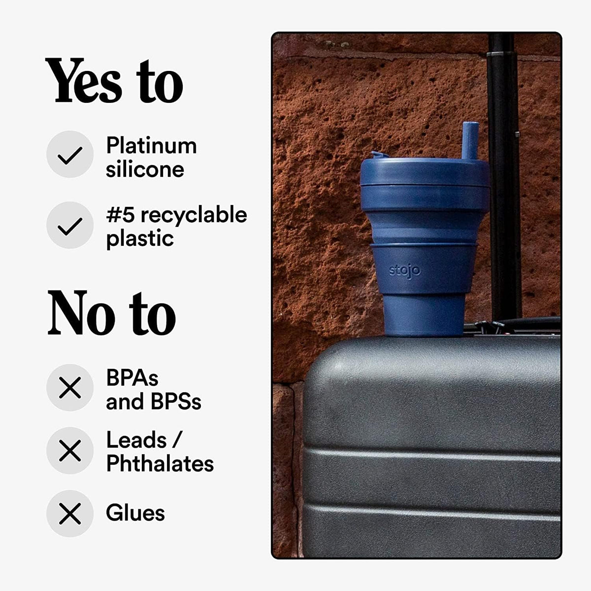 STOJO Collapsible Travel Cup - Reusable To-Go Pocket Size Silicone Bottle for Hot and Cold Drinks - Perfect for Camping - Microwave & Dishwasher Safe (Denim, 12 Ounce (Pack of 1) - No Straw)