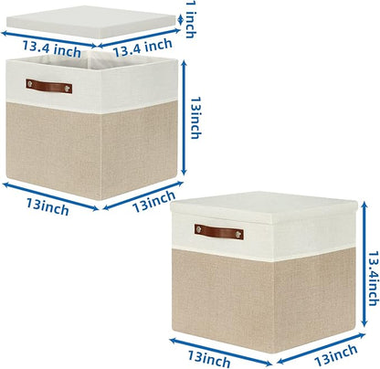 Temary Fabric Storage Bins with Lids 13 Inch Storage Cubes with Lid, Decorative Foldable Storage Boxes for Clothes, Closet Organizers (White&Khaki, 13x13x13inch)