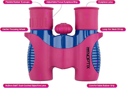 Binoculars for Kids, Girls or Boys Real Kids Binoculars in Vibrant Pink Blue - includes Sticker Book with 40 Bird Species - Kids Toys Small Binoculars, Toddler Binoculars