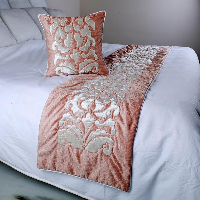 The HomeCentric Decorative Peach & Ivory Queen 74 x 18 inch Bed Runner with Matching Pillow Cover, Velvet Applique Bed Scarf, Abstract Modern - Peach Elegance