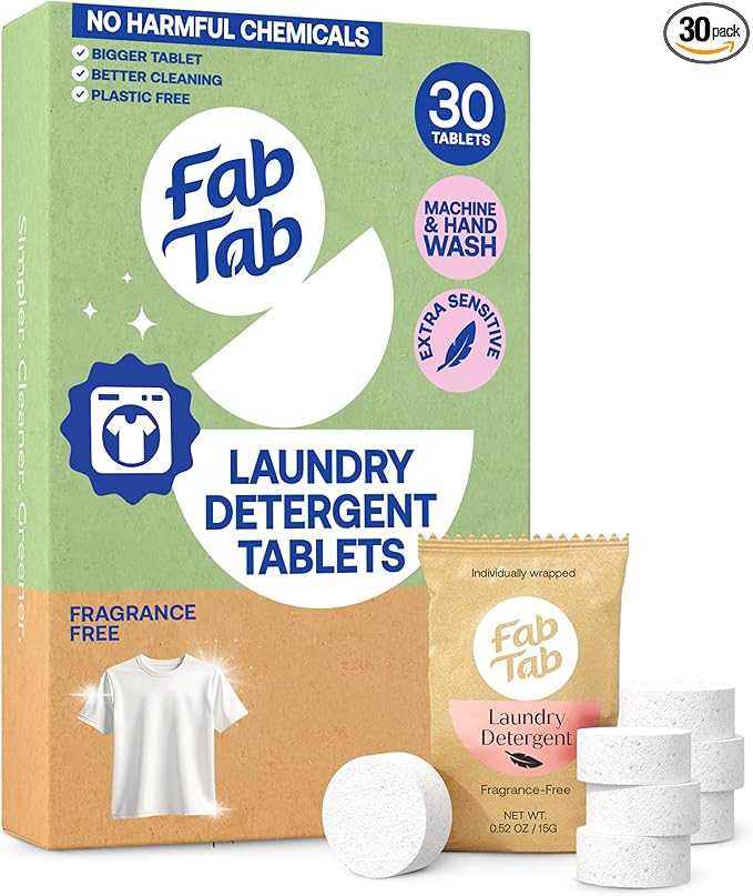 Fab Tab Laundry Detergent Tablets, Plant-Based Formula, Removes Tough Stains, Plastic-Free Alternative to Pods, All Washing Machines (30 Count, Unscented)